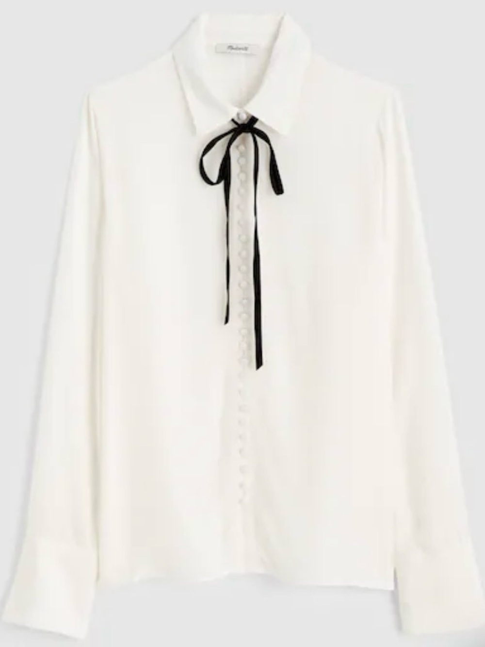 Madewell White Button-Front Blouse with Black Ribbon Tie